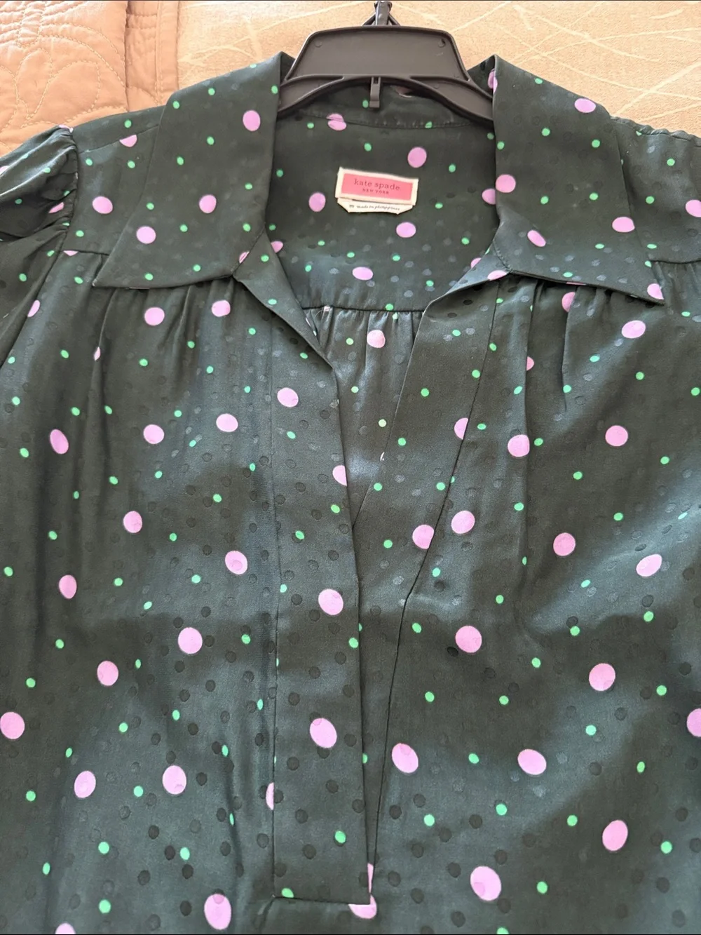 kate spade Pine Forest Green Pop Dots Blouse with lavender Polka Dots